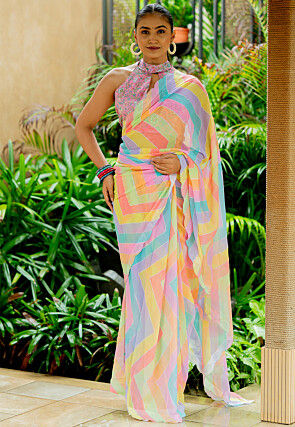 Printed Georgette Scalloped Saree in Multicolor