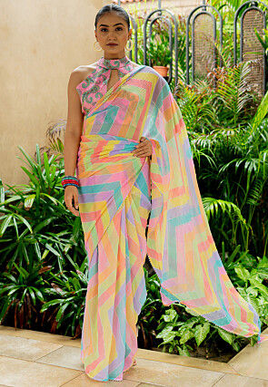 Printed Georgette Scalloped Saree in Multicolor