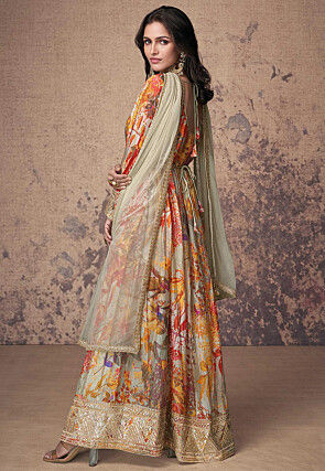 Printed Georgette Side Slit Abaya Style Suit in Beige