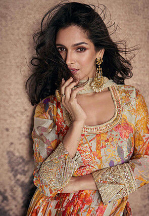 Printed Georgette Side Slit Abaya Style Suit in Beige