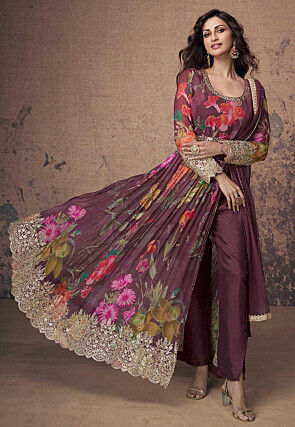 Printed Georgette Side Slit Abaya Style Suit in Wine