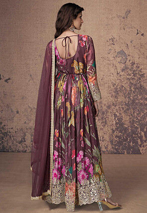 Printed Georgette Side Slit Abaya Style Suit in Wine