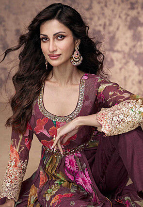 Printed Georgette Side Slit Abaya Style Suit in Wine