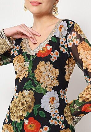 Printed Georgette Straight Suit in Black