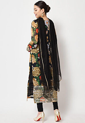 Printed Georgette Straight Suit in Black