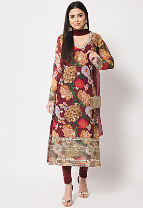 Printed Georgette Straight Suit in Maroon