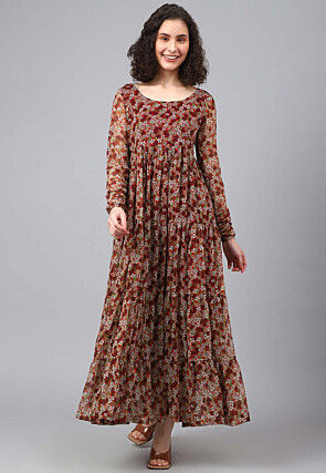 Printed Georgette Tiered Dress in Multicolor