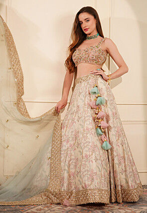Printed Ghicha Silk Lehenga in Light Beige