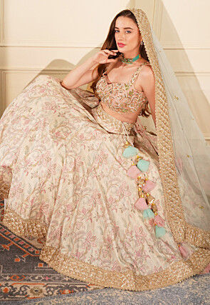 Printed Ghicha Silk Lehenga in Light Beige