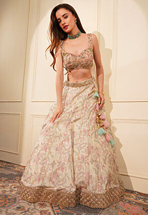 Printed Ghicha Silk Lehenga in Light Beige