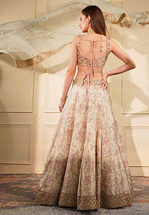 Printed Ghicha Silk Lehenga in Light Beige