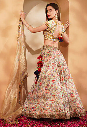 Printed Ghicha Silk Lehenga in Light Beige