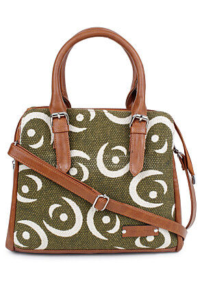 Printed Jute and PU Hand Bag in Olive Green