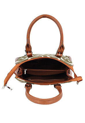 Printed Jute and PU Hand Bag in Olive Green