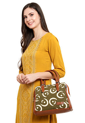 Printed Jute and PU Hand Bag in Olive Green