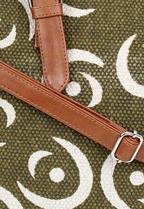 Printed Jute and PU Hand Bag in Olive Green