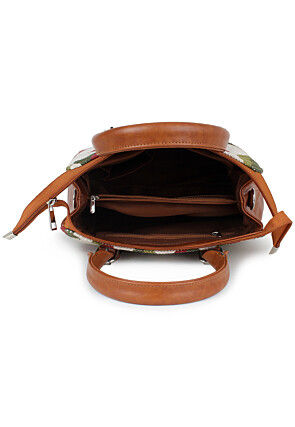 Printed Jute and PU Hand Bag in White