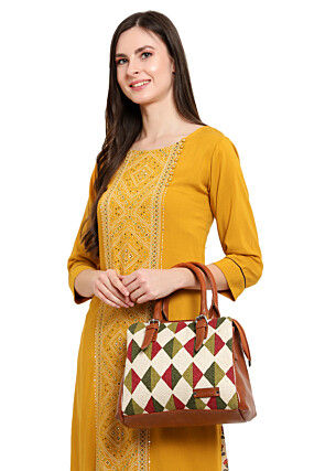 Printed Jute and PU Hand Bag in White