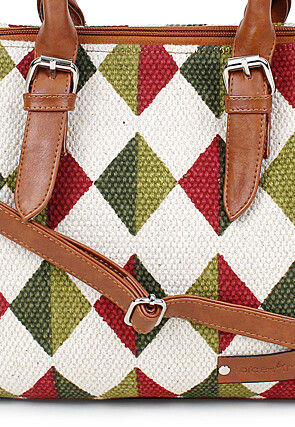 Printed Jute and PU Hand Bag in White