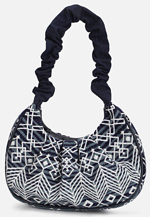 Printed Jute Cotton Hand Bag in Navy Blue and Grey
