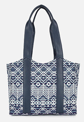 Printed Jute Cotton Hand Bag in Navy Blue