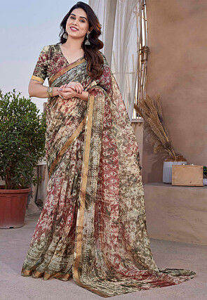 Printed Kota Doria Saree in Beige