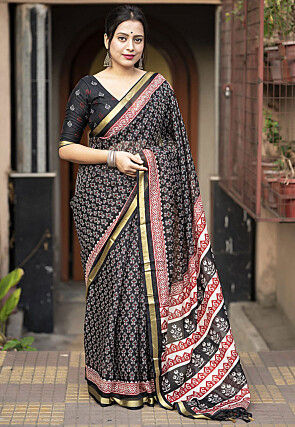 Printed Kota Doria Saree in Black