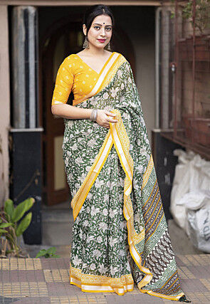 Printed Kota Doria Saree in Green