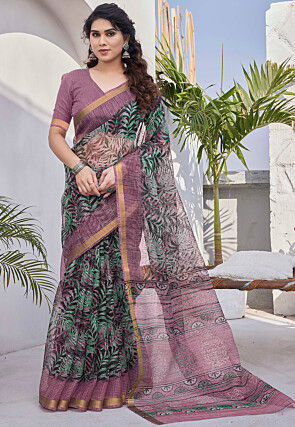 Printed Kota Doria Saree in Green