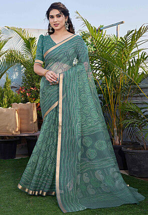 Printed Kota Doria Saree in Teal Green
