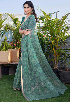 Printed Kota Doria Saree in Teal Green