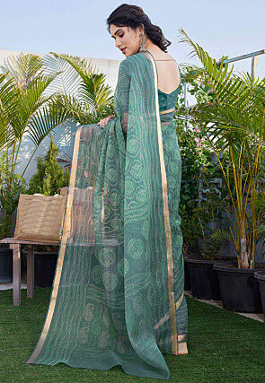 Printed Kota Doria Saree in Teal Green