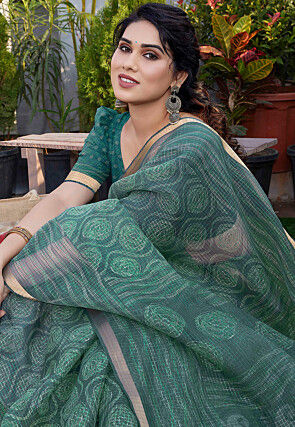 Printed Kota Doria Saree in Teal Green