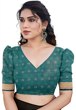 Printed Kota Doria Saree in Teal Green