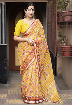Printed Kota Doria Saree in Yellow
