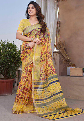 Printed Kota Doria Saree in Yellow