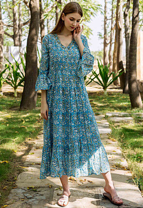 Printed Kota Doriya Midi Dress in Blue