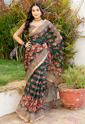 Printed Kota Doriya Saree in Dark Green