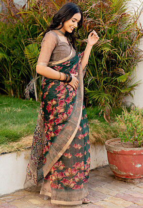 Printed Kota Doriya Saree in Dark Green
