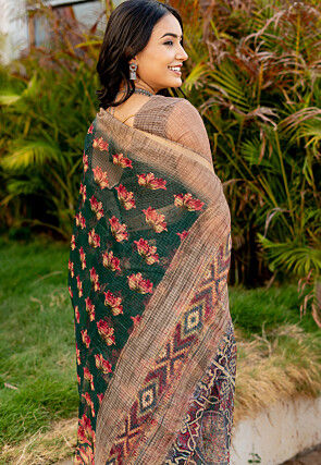 Printed Kota Doriya Saree in Dark Green