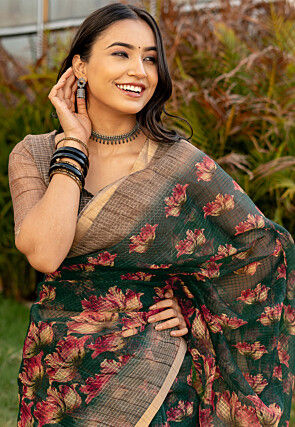 Printed Kota Doriya Saree in Dark Green