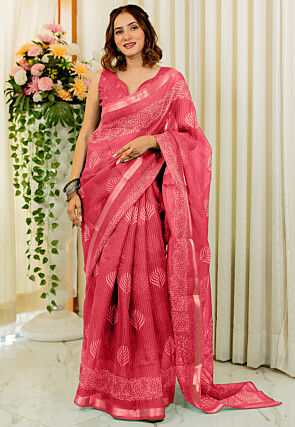 Printed Kota Doriya Saree in Pink
