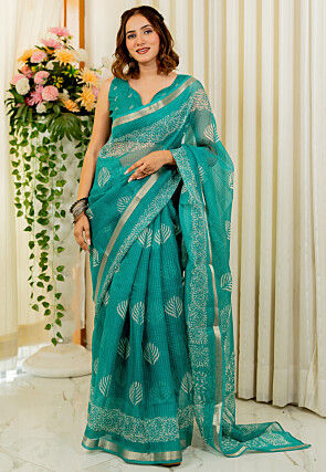 Printed Kota Doriya Saree in Teal Blue