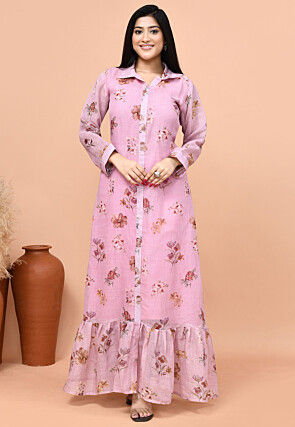 Printed Linen Cotton A Line Dress in Light Purple