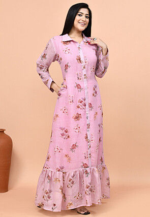 Printed Linen Cotton A Line Dress in Light Purple