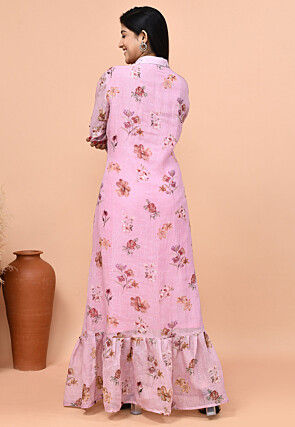 Printed Linen Cotton A Line Dress in Light Purple