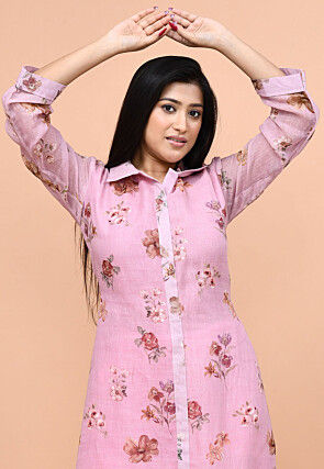 Printed Linen Cotton A Line Dress in Light Purple