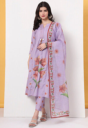 Printed Linen Cotton A Line Suit in Light Purple