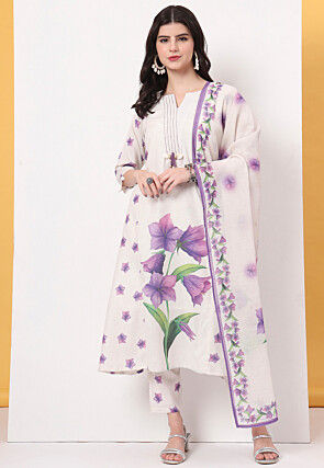 Printed Linen Cotton A Line Suit in Off White
