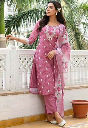 Printed Linen Cotton Pakistani Suit in Dusty Purple